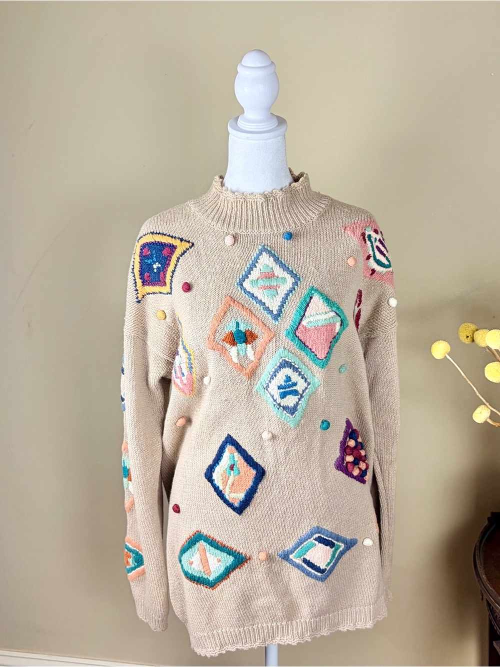 Vintage 90s Storybook Knits Sweater Patchwork Novelty Knit Medium
